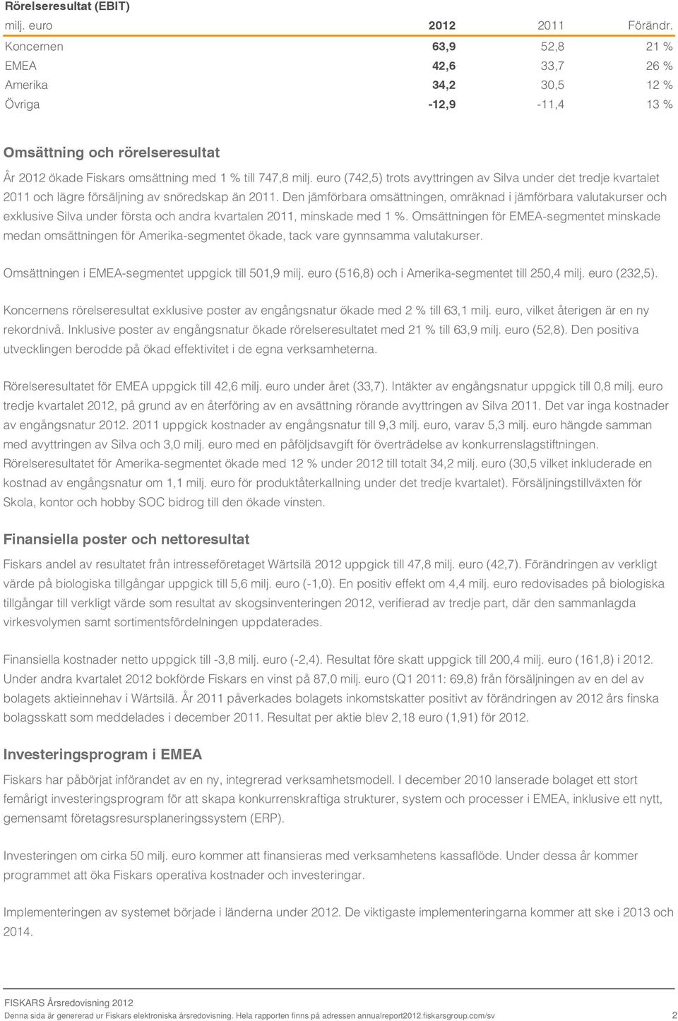 euro (742,5) trots avyttringen av Silva under det tredje kvartalet 2011 och lägre försäljning av snöredskap än 2011.