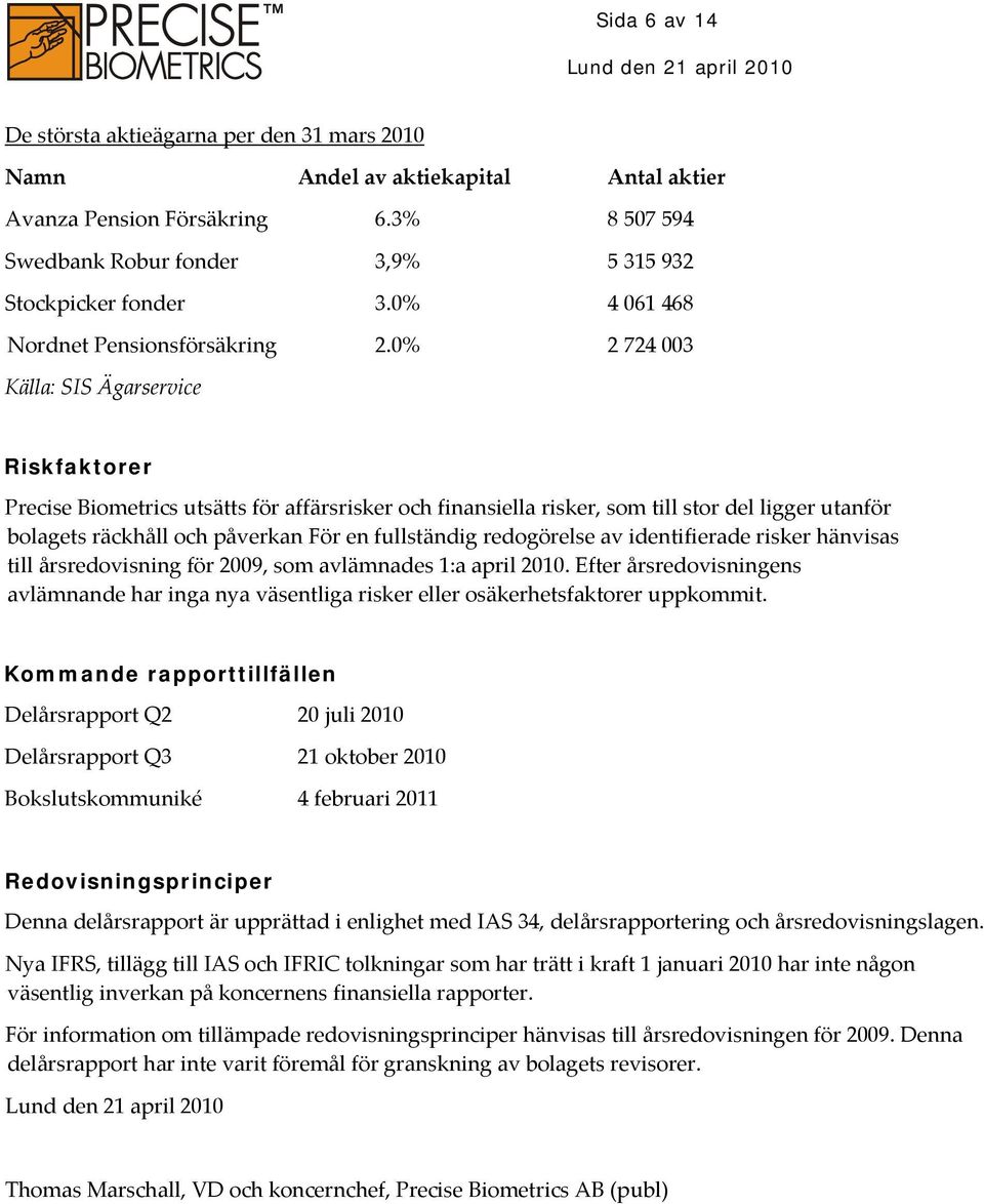 0% 2 724 003 Källa: SIS Ägarservice Riskfaktorer Precise Biometrics utsätts för affärsrisker och finansiella risker, som till stor del ligger utanför bolagets räckhåll och påverkan För en fullständig