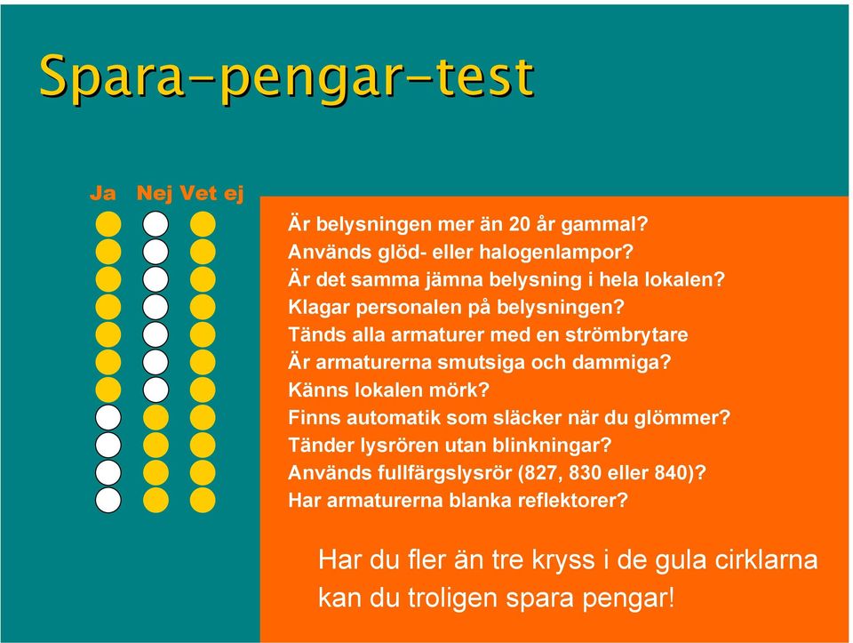 Tänds alla armaturer med en strömbrytare Är armaturerna smutsiga och dammiga? Känns lokalen mörk?