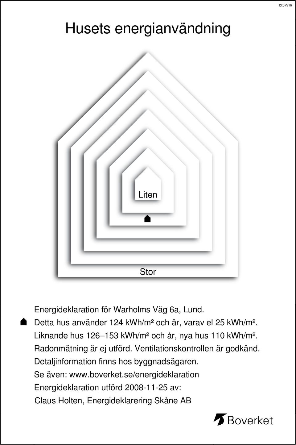 Liknande hus 126 153 kwh/m² och år, nya hus 110 kwh/m². Radonmätning är ej utförd.