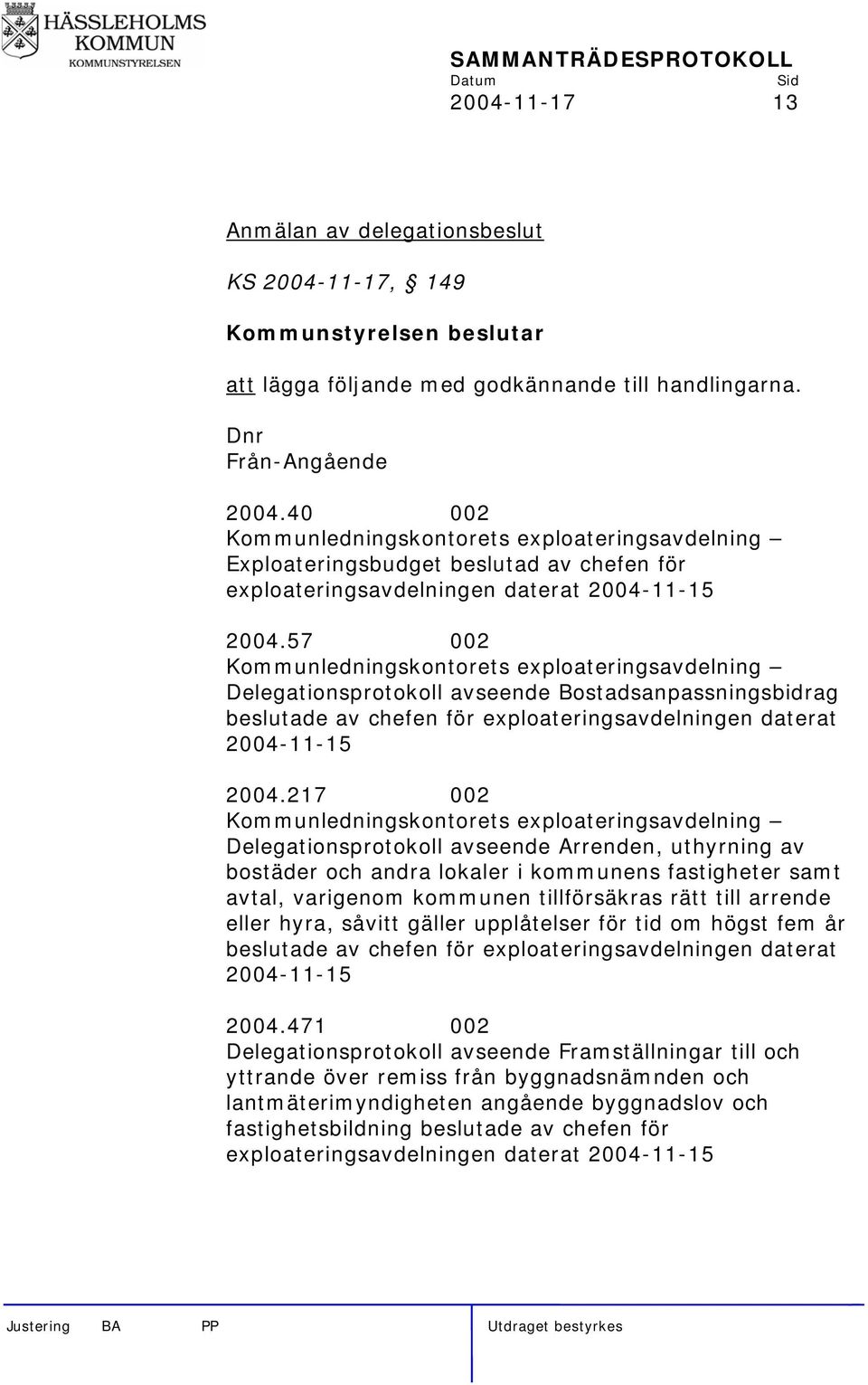 57 002 Kommunledningskontorets exploateringsavdelning Delegationsprotokoll avseende Bostadsanpassningsbidrag beslutade av chefen för exploateringsavdelningen daterat 2004-11-15 2004.