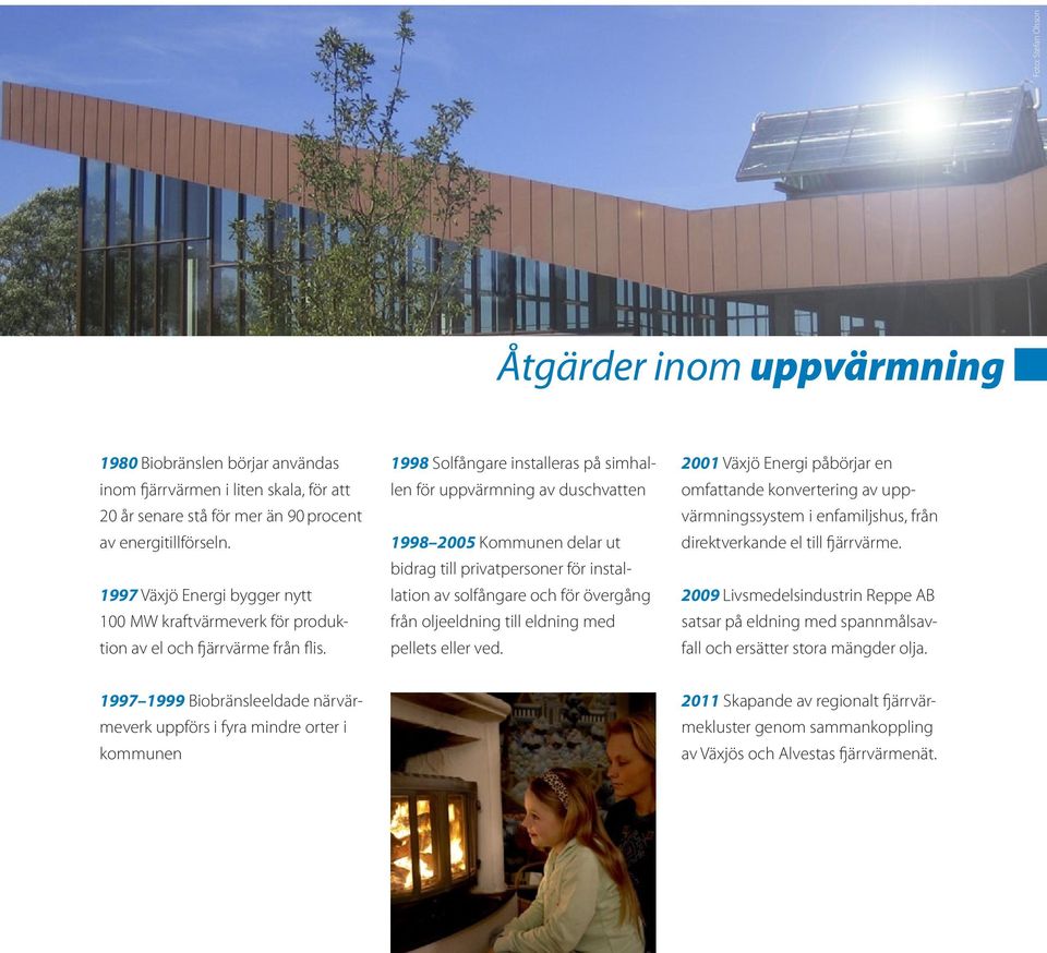 1998 Solfångare installeras på simhallen för uppvärmning av duschvatten 1998 2005 Kommunen delar ut bidrag till privatpersoner för installation av solfångare och för övergång från oljeeldning till