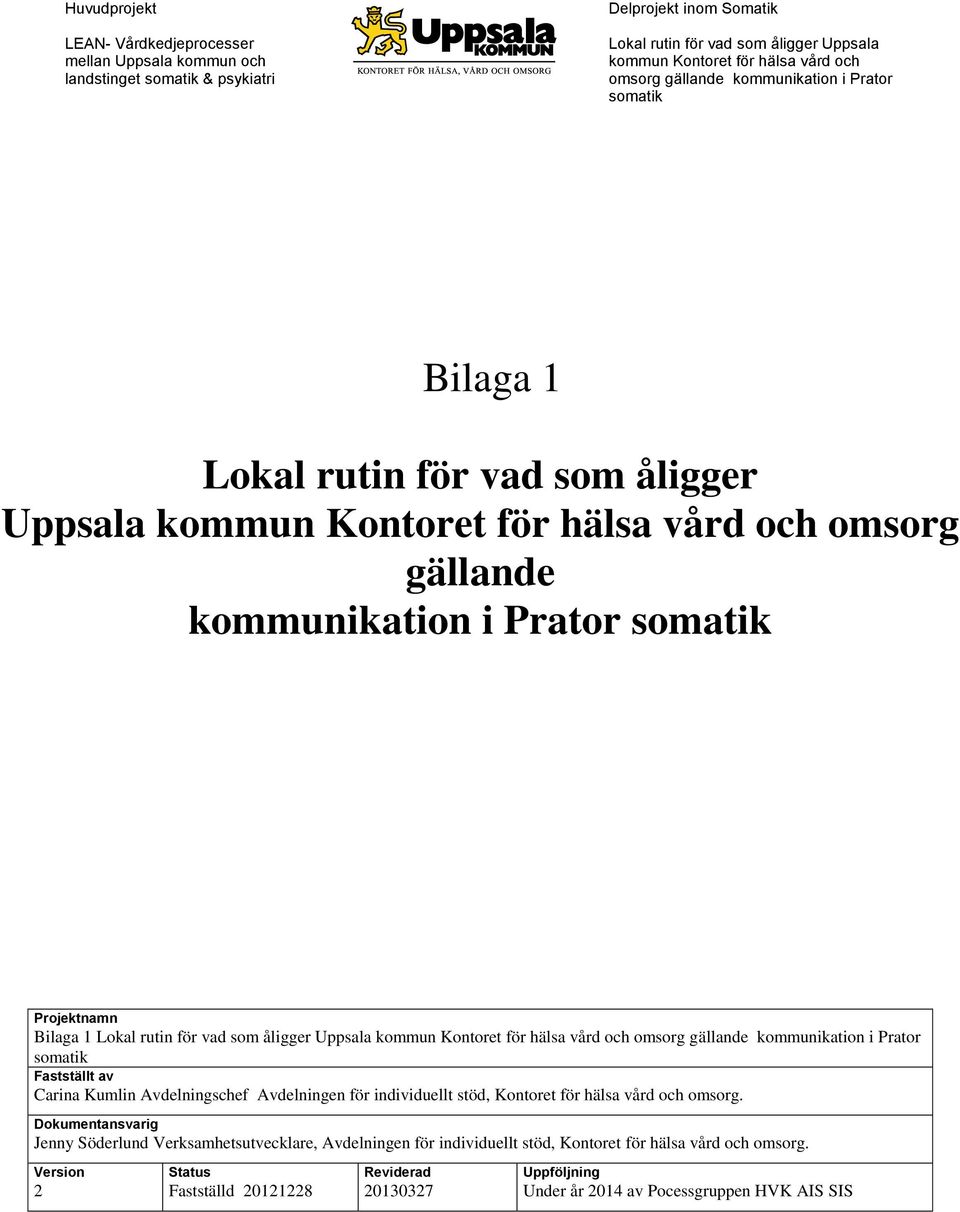 Lokal rutin för vad som åligger Uppsala kommun Kontoret för hälsa vård och omsorg gällande kommunikation i Prator somatik Fastställt av Carina Kumlin Avdelningschef Avdelningen för individuellt stöd,