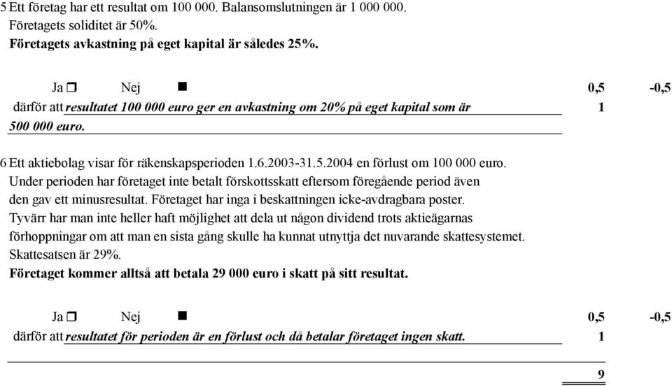 Under perioden har företaget inte betalt förskottsskatt eftersom föregående period även den gav ett minusresultat. Företaget har inga i beskattningen icke-avdragbara poster.