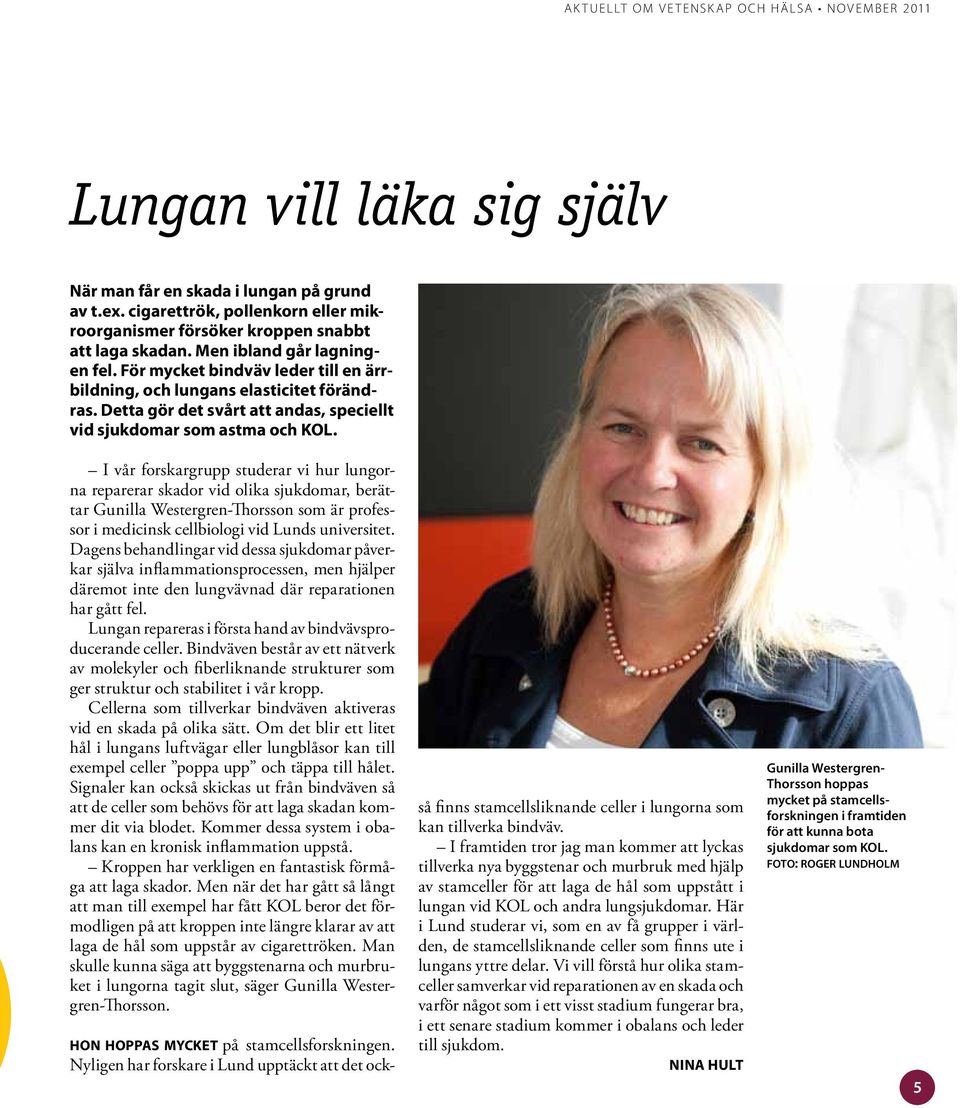 I vår forskargrupp studerar vi hur lungorna reparerar skador vid olika sjukdomar, berättar Gunilla Westergren-Thorsson som är professor i medicinsk cellbiologi vid Lunds universitet.