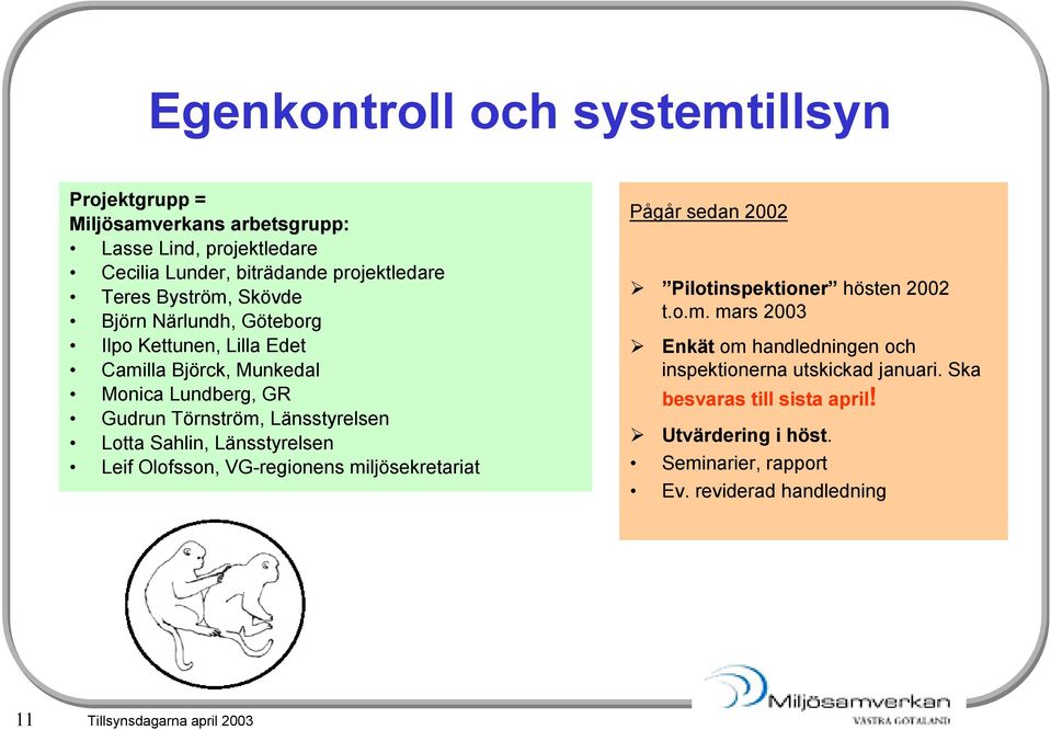 Länsstyrelsen Leif Olofsson, VG-regionens miljösekretariat Pågår sedan 2002 Pilotinspektioner hösten 2002 t.o.m. mars 2003 Enkät om handledningen och inspektionerna utskickad januari.