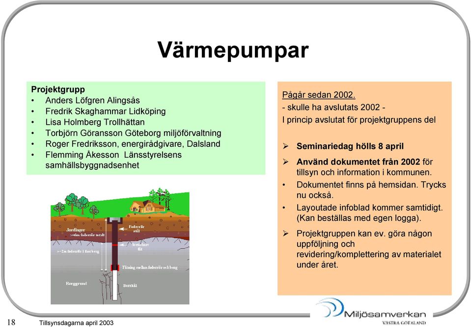 - skulle ha avslutats 2002 - I princip avslutat för projektgruppens del Seminariedag hölls 8 april Använd dokumentet från 2002 för tillsyn och information i