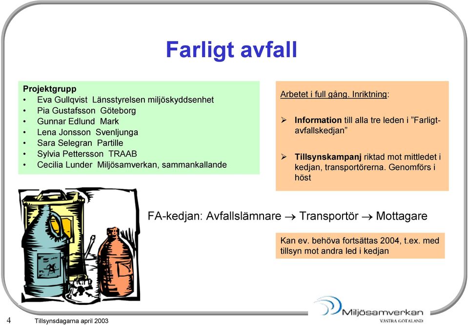 Inriktning: Information till alla tre leden i Farligtavfallskedjan Tillsynskampanj riktad mot mittledet i kedjan, transportörerna.