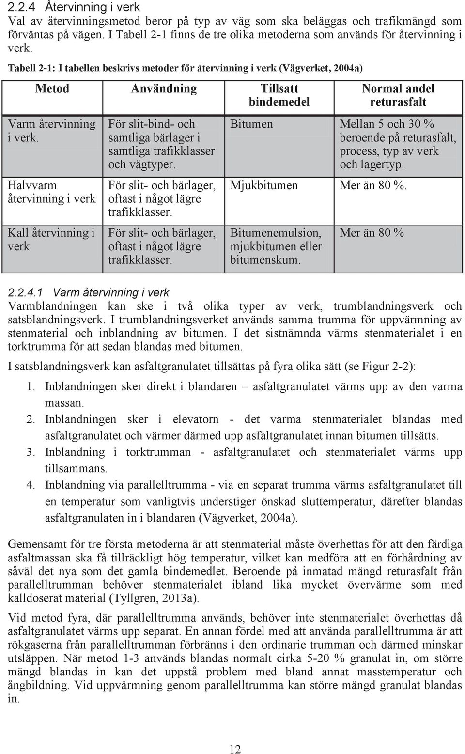 Tabell 2-1: I tabellen beskrivs metoder för återvinning i verk (Vägverket, 2004a) Metod Användning Tillsatt bindemedel Varm återvinning i verk.