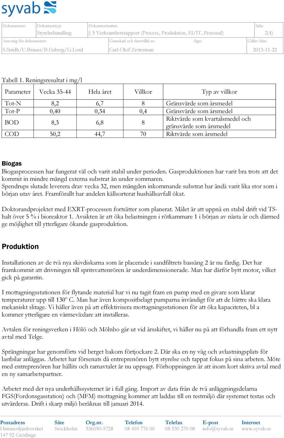 Reningsresultat i mg/l Parameter Vecka 35-44 Hela året Villkor Typ av villkor Tot-N 8,2 6,7 8 Gränsvärde som årsmedel Tot-P 0,40 0,34 0,4 Gränsvärde som årsmedel BOD 8,3 6,8 8 Riktvärde som