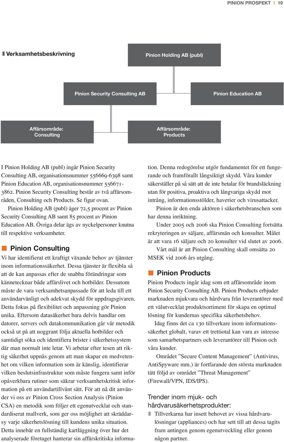 Pinion Security Consulting består av två affärsområden, Consulting och Products. Se figur ovan.