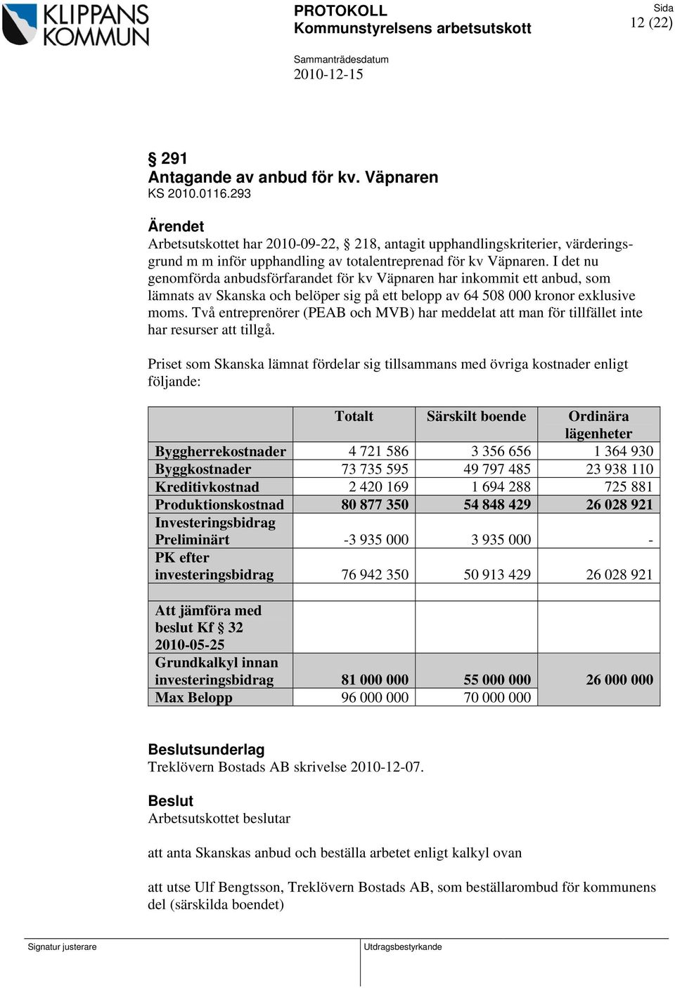 I det nu genomförda anbudsförfarandet för kv Väpnaren har inkommit ett anbud, som lämnats av Skanska och belöper sig på ett belopp av 64 508 000 kronor exklusive moms.