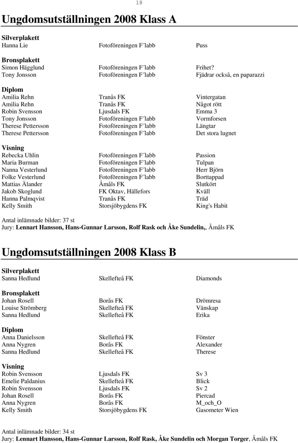 F labb Vormforsen Therese Pettersson Fotoföreningen F labb Längtar Therese Pettersson Fotoföreningen F labb Det stora lugnet Visning Rebecka Uhlin Fotoföreningen F labb Passion Maria Burman