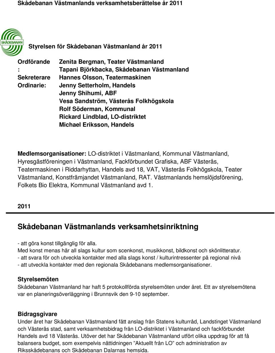 Handels Medlemsorganisationer: LO-distriktet i Västmanland, Kommunal Västmanland, Hyresgästföreningen i Västmanland, Fackförbundet Grafiska, ABF Västerås, Teatermaskinen i Riddarhyttan, Handels avd