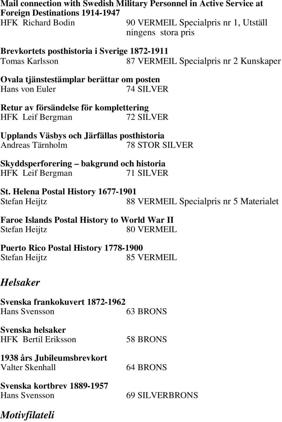 SILVER Upplands Väsbys och Järfällas posthistoria Andreas Tärnholm 78 STOR SILVER Skyddsperforering bakgrund och historia HFK Leif Bergman 71 SILVER St.
