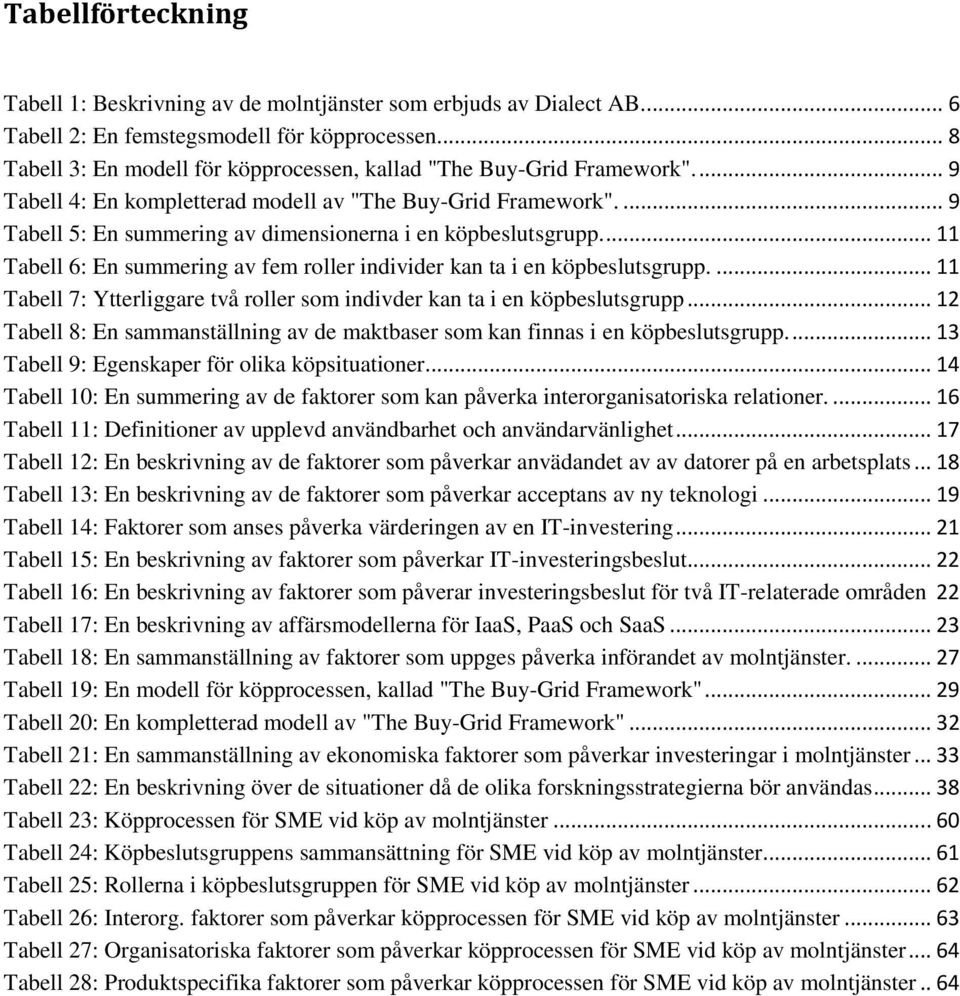 ... 9 Tabell 5: En summering av dimensionerna i en köpbeslutsgrupp.... 11 Tabell 6: En summering av fem roller individer kan ta i en köpbeslutsgrupp.