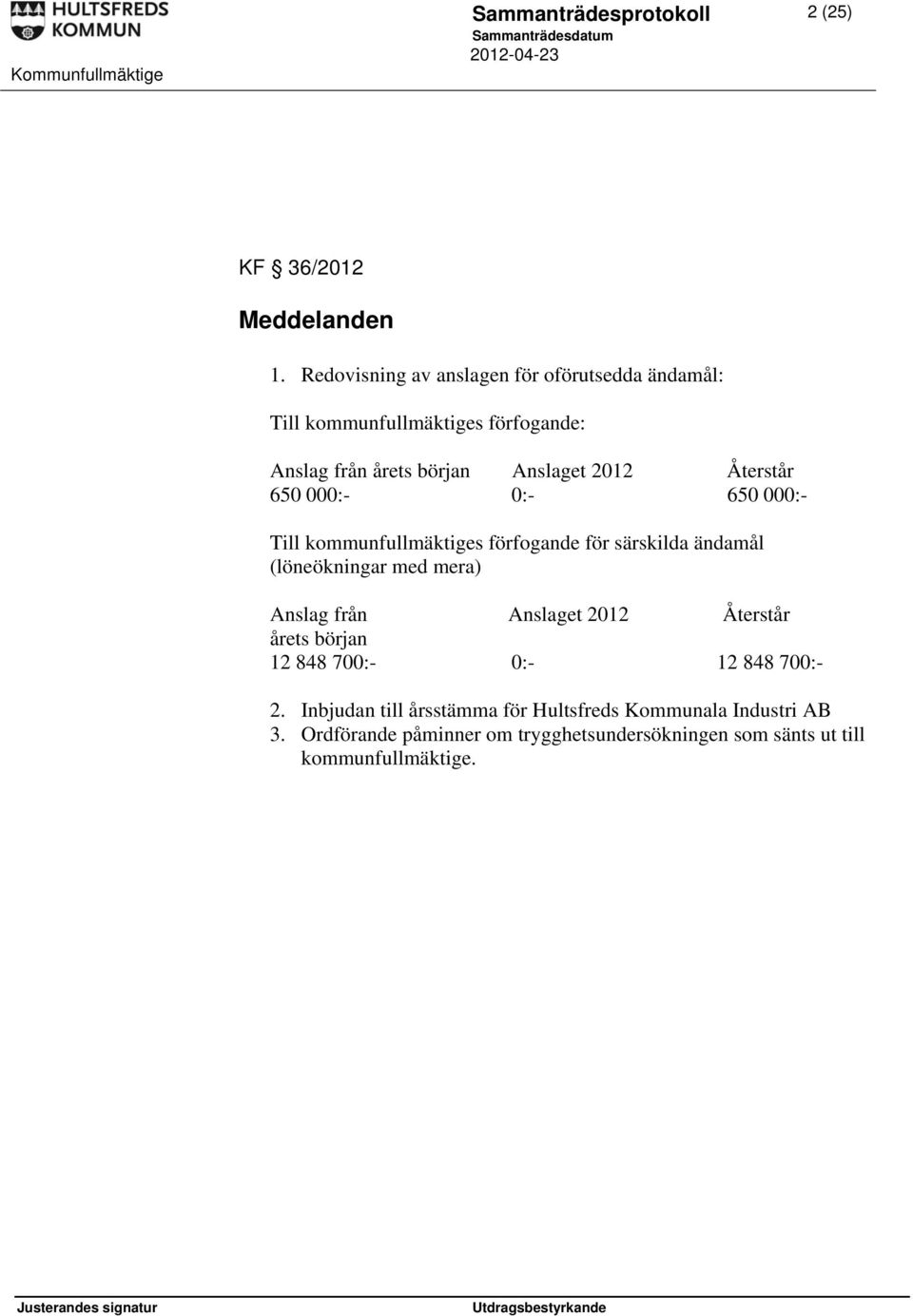 Återstår 650 000:- 0:- 650 000:- Till kommunfullmäktiges förfogande för särskilda ändamål (löneökningar med mera) Anslag från