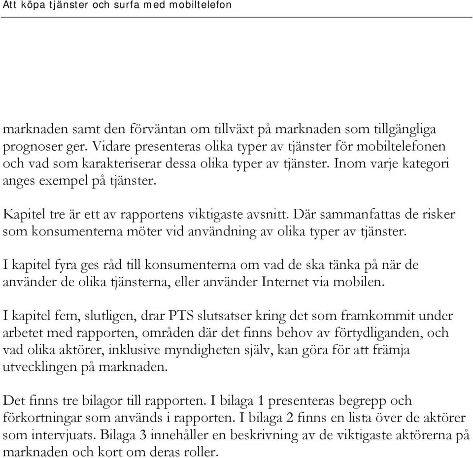 Kapitel tre är ett av rapportens viktigaste avsnitt. Där sammanfattas de risker som konsumenterna möter vid användning av olika typer av tjänster.