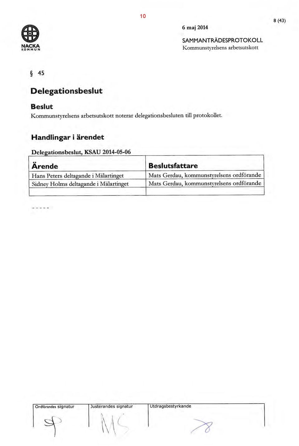 Gerdau, kommunstyrelsens ordförande Delegationsbeslut D l b l KSAU 2014 05 06 Ärende Beslutsfattare Ordforandes signatur