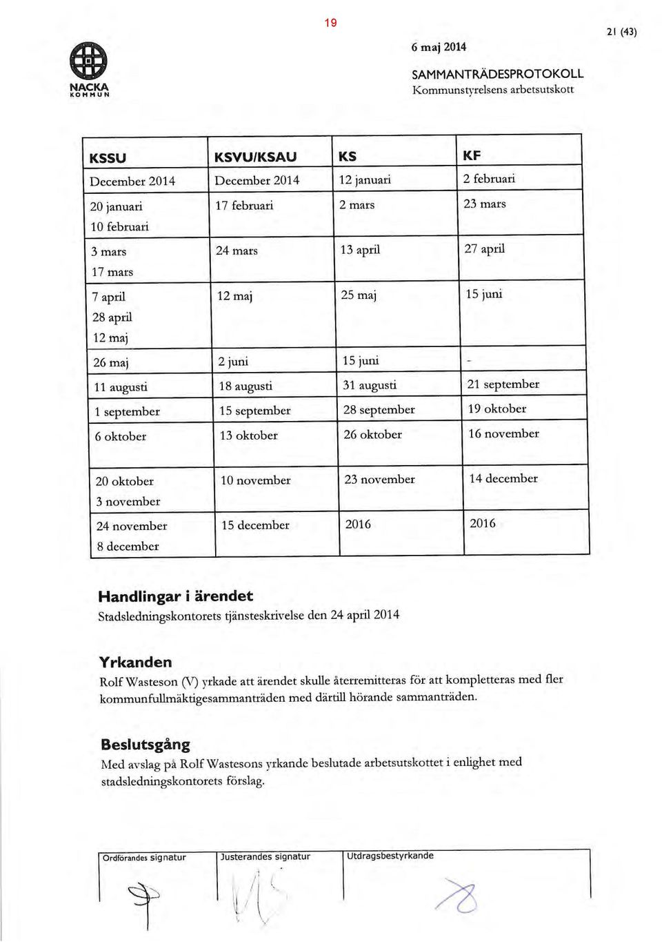 augusti 1 september 15 september 6 oktober 13 oktober 20 oktober 10 november 24 november 15 december s tadsledningskontorets tjänsteskrivelse den 24 april 2014 Handlingar i ärendet Med avslag på