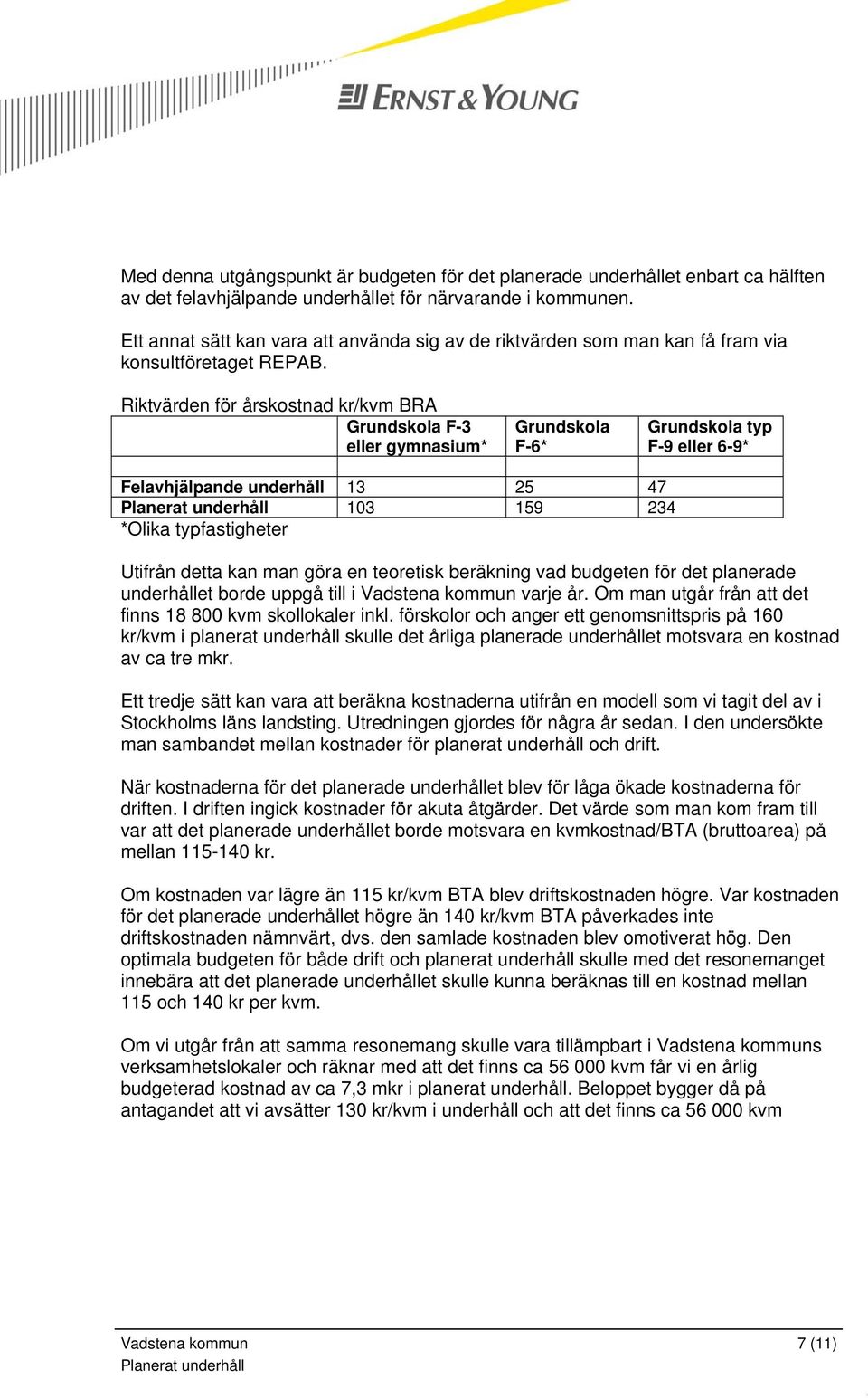 Riktvärden för årskostnad kr/kvm BRA Grundskola F-3 eller gymnasium* Grundskola F-6* Grundskola typ F-9 eller 6-9* Felavhjälpande underhåll 13 25 47 103 159 234 *Olika typfastigheter Utifrån detta