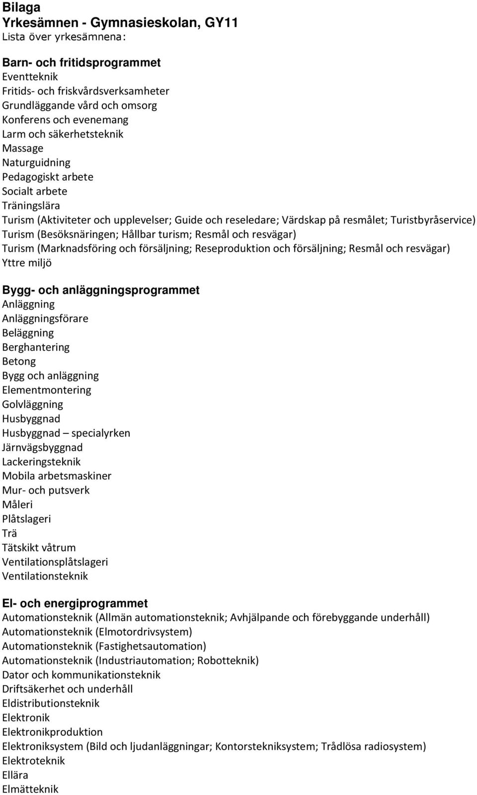 (Besöksnäringen; Hållbar turism; Resmål och resvägar) Turism (Marknadsföring och försäljning; Reseproduktion och försäljning; Resmål och resvägar) Yttre miljö Bygg- och anläggningsprogrammet