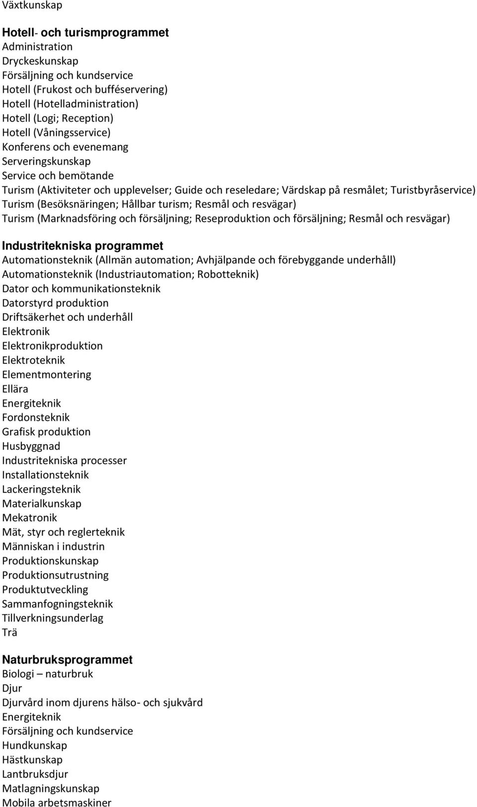 och resvägar) Turism (Marknadsföring och försäljning; Reseproduktion och försäljning; Resmål och resvägar) Industritekniska programmet Automationsteknik (Allmän automation; Avhjälpande och