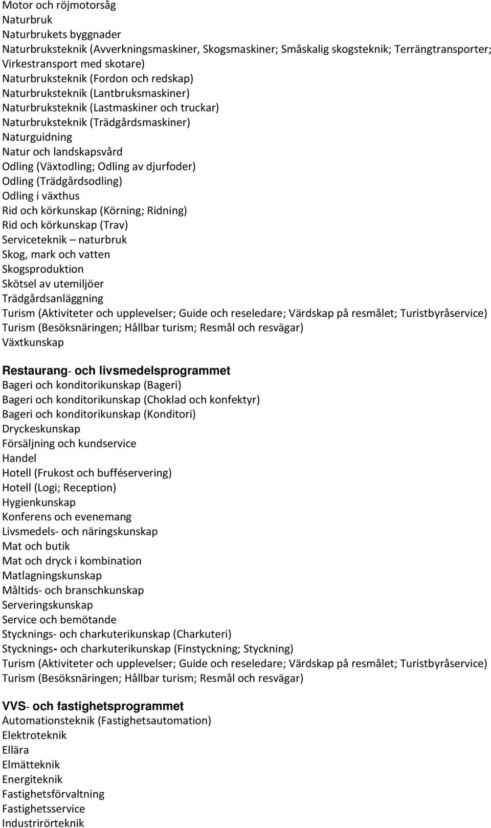 Odling av djurfoder) Odling (Trädgårdsodling) Odling i växthus Rid och körkunskap (Körning; Ridning) Rid och körkunskap (Trav) Serviceteknik naturbruk Skog, mark och vatten Skogsproduktion Skötsel av