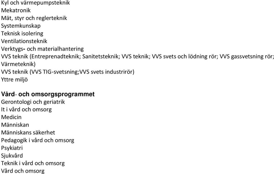 Värmeteknik) VVS teknik (VVS TIG svetsning;vvs svets industrirör) Yttre miljö Vård- och omsorgsprogrammet Gerontologi och geriatrik