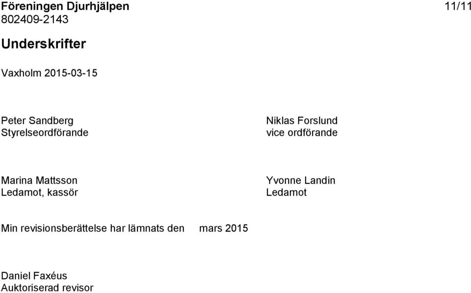 Marina Mattsson Ledamot, kassör Yvonne Landin Ledamot Min