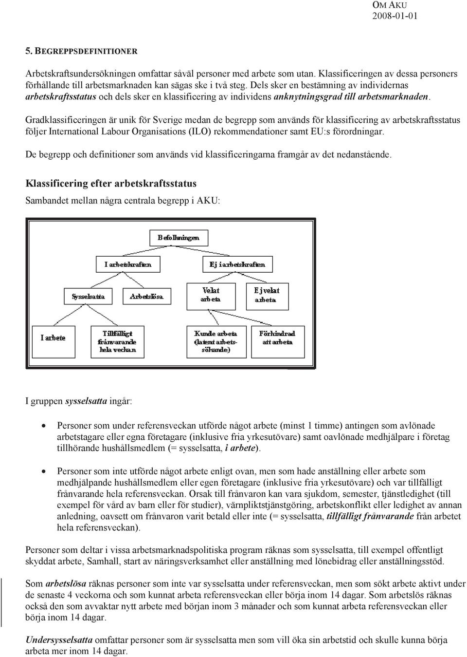 Gradklassificeringen är unik för Sverige medan de begrepp som används för klassificering av arbetskraftsstatus följer International Labour Organisations (ILO) rekommendationer samt EU:s förordningar.