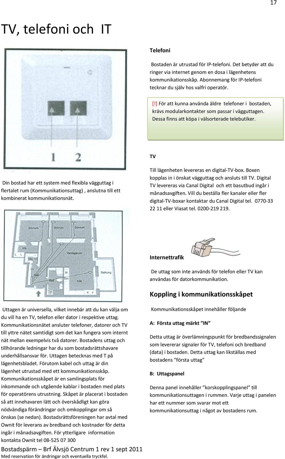 Dessa finns att köpa i välsorterade telebutiker. TV Din bostad har ett system med fleibla vägguttag i flertalet rum (Kommunikationsuttag), anslutna till ett kombinerat kommunikationsnät.