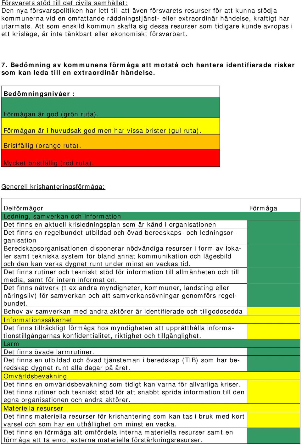 Bedömning av kommunens förmåga att motstå och hantera identifierade risker som kan leda till en extraordinär händelse. Bedömningsnivåer : Förmågan är god (grön ruta).