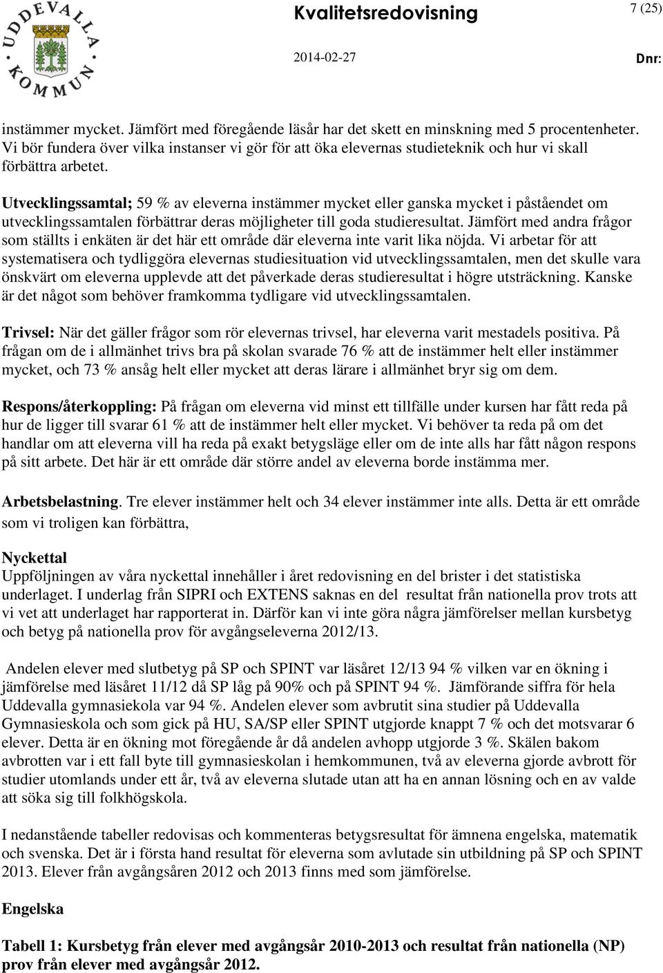 Utvecklingssamtal; 59 % av eleverna instämmer mycket eller ganska mycket i påståendet om utvecklingssamtalen förbättrar deras möjligheter till goda studieresultat.