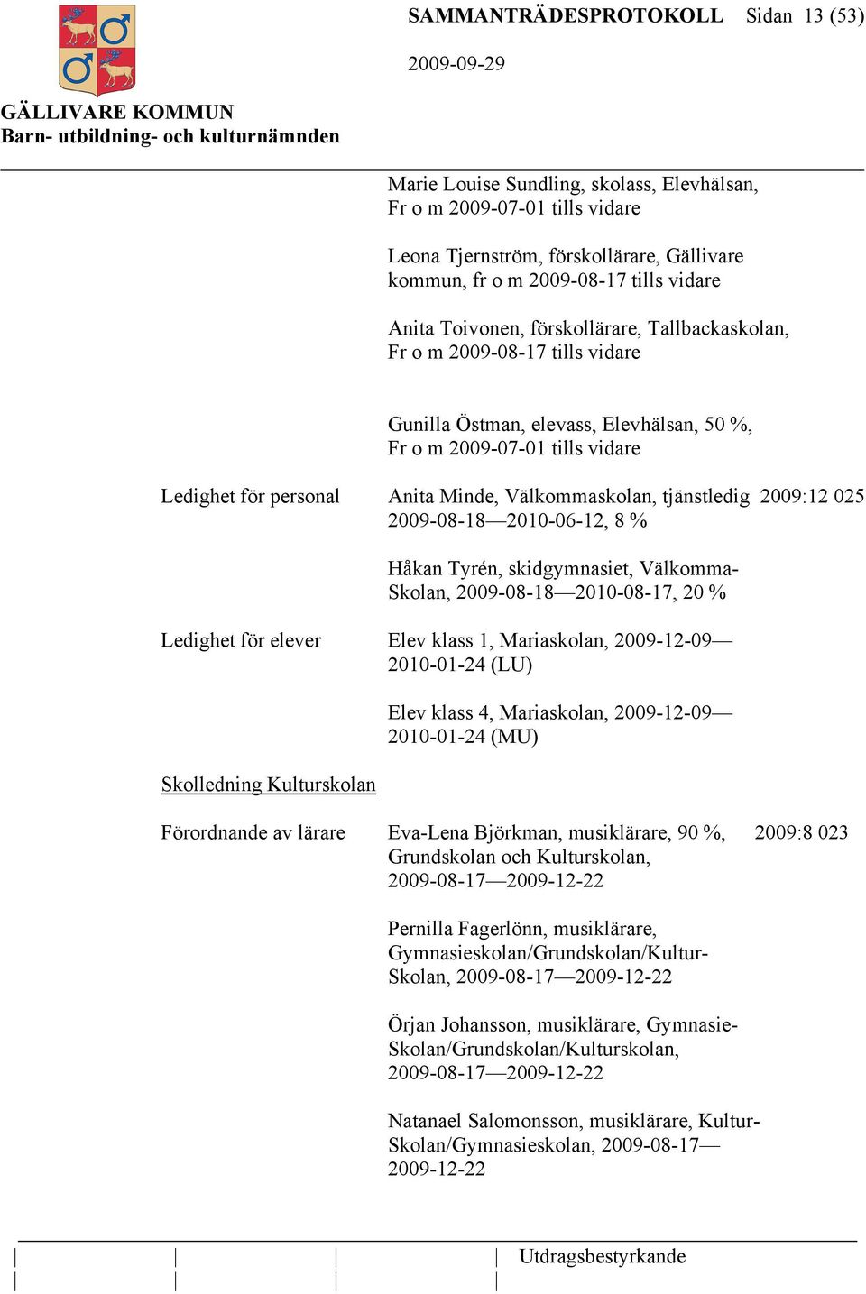 tjänstledig 2009:12 025 2009-08-18 2010-06-12, 8 % Håkan Tyrén, skidgymnasiet, Välkomma- Skolan, 2009-08-18 2010-08-17, 20 % Ledighet för elever Elev klass 1, Mariaskolan, 2009-12-09 2010-01-24 (LU)