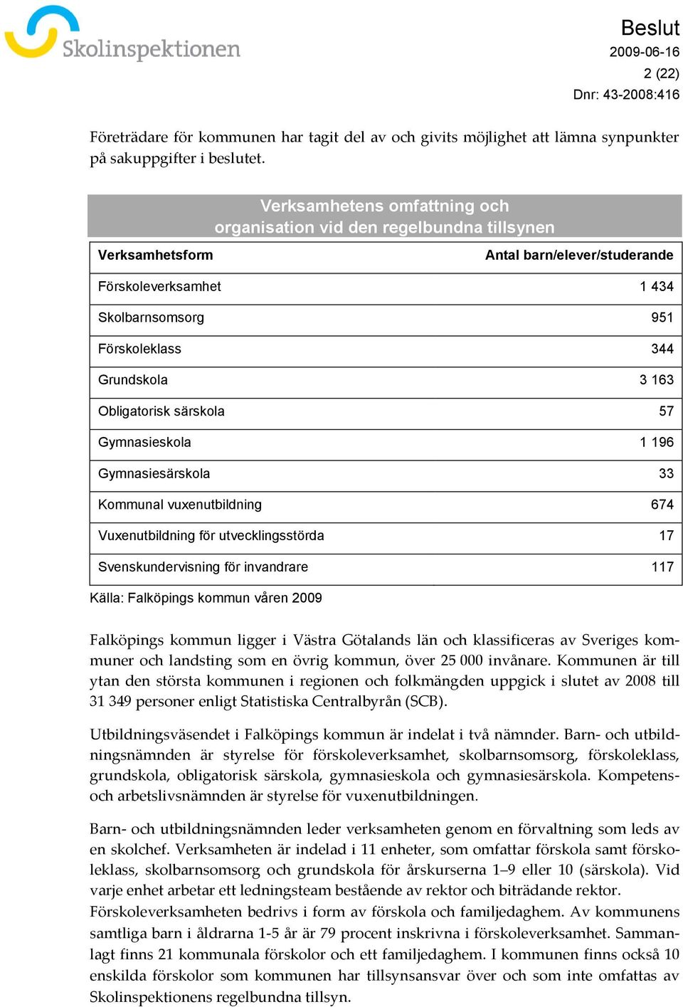 Obligatorisk särskola 57 Gymnasieskola 1 196 Gymnasiesärskola 33 Kommunal vuxenutbildning 674 Vuxenutbildning för utvecklingsstörda 17 Svenskundervisning för invandrare 117 Källa: Falköpings kommun