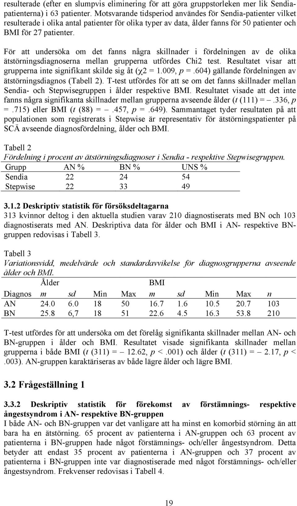 För att undersöka om det fanns några skillnader i fördelningen av de olika ätstörningsdiagnoserna mellan grupperna utfördes Chi2 test.