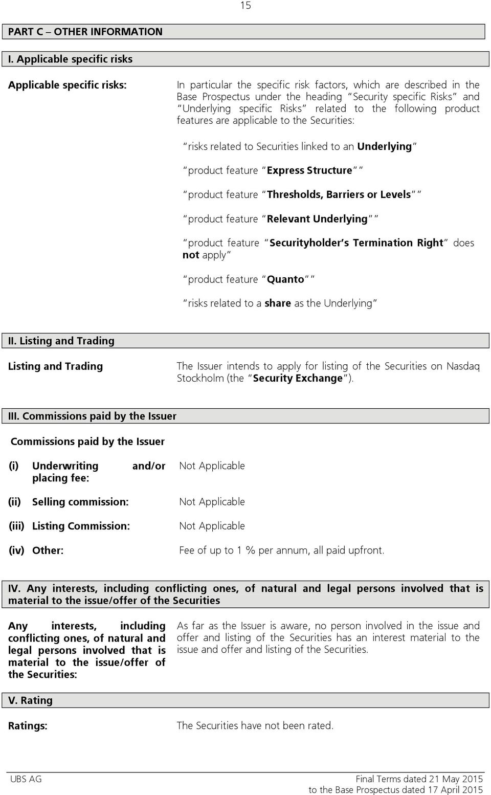 specific Risks related to the following product features are applicable to the Securities: risks related to Securities linked to an Underlying product feature Express Structure product feature