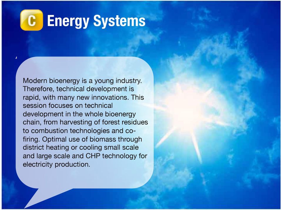 This session focuses on technical development in the whole bioenergy chain, from harvesting of forest