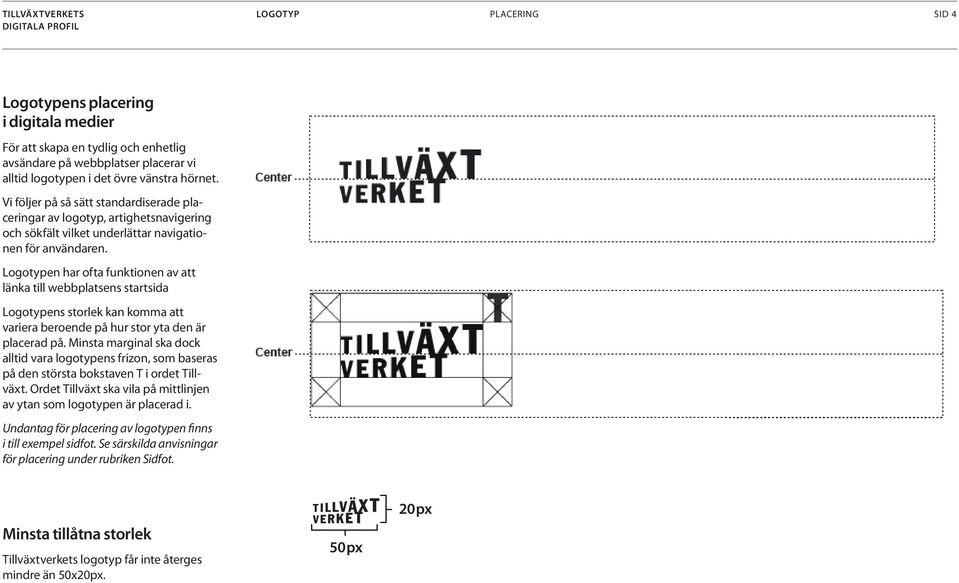 Logotypen har ofta funktionen av att länka till webbplatsens startsida Logotypens storlek kan komma att variera beroende på hur stor yta den är placerad på.