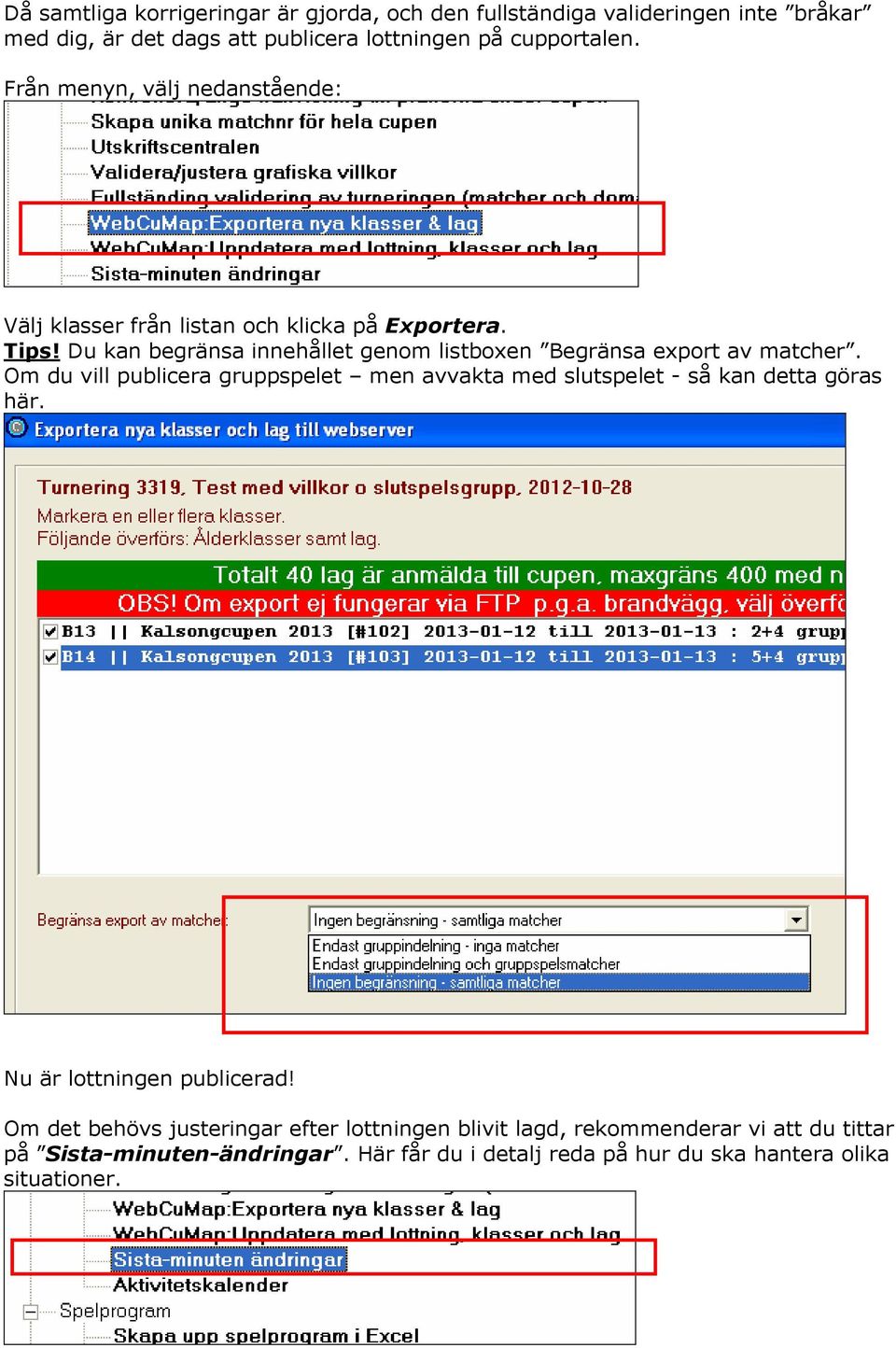 Du kan begränsa innehållet genom listboxen Begränsa export av matcher.