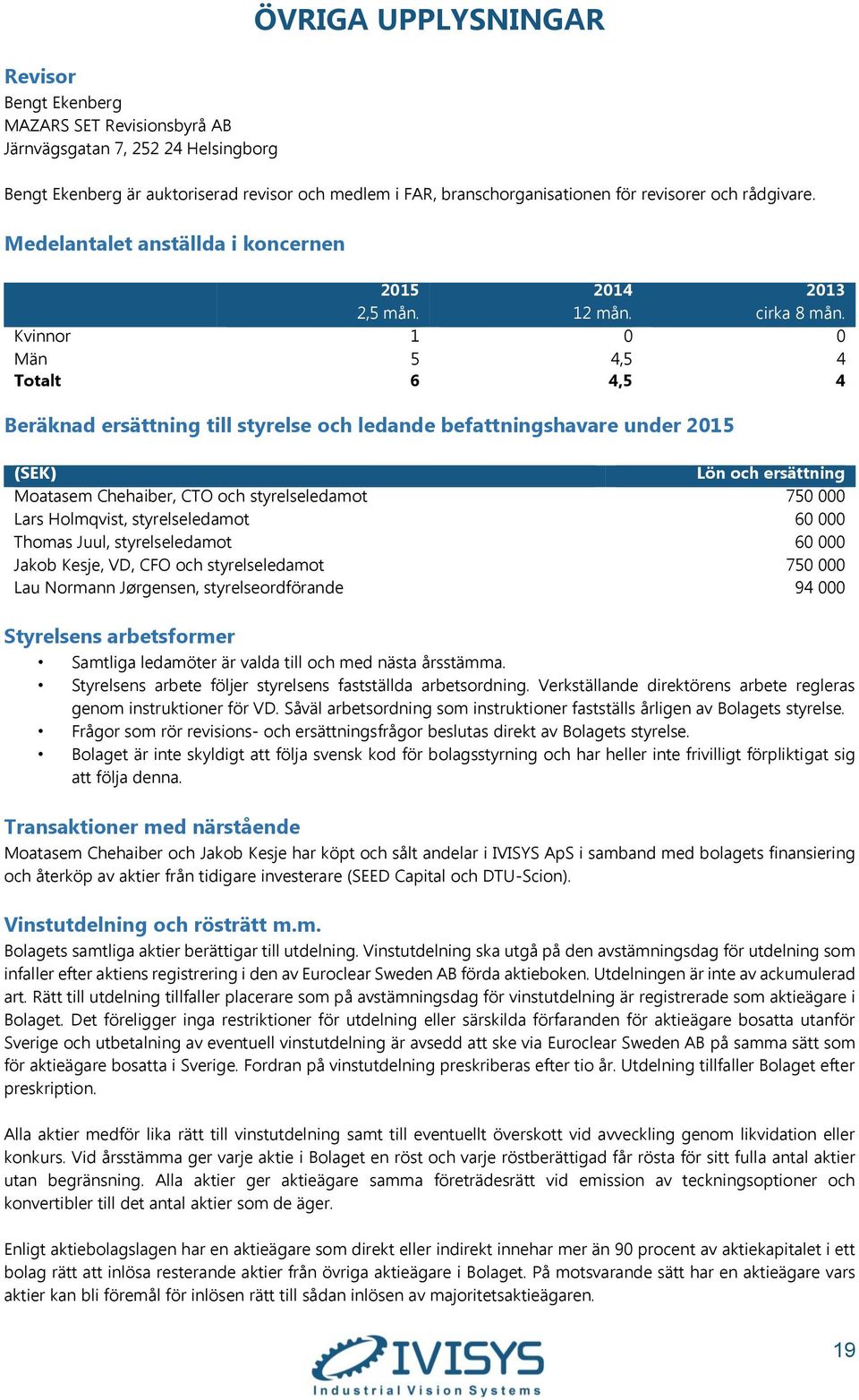 Kvinnor 1 0 0 Män 5 4,5 4 Totalt 6 4,5 4 Beräknad ersättning till styrelse och ledande befattningshavare under 2015 (SEK) Lön och ersättning Moatasem Chehaiber, CTO och styrelseledamot 750 000 Lars