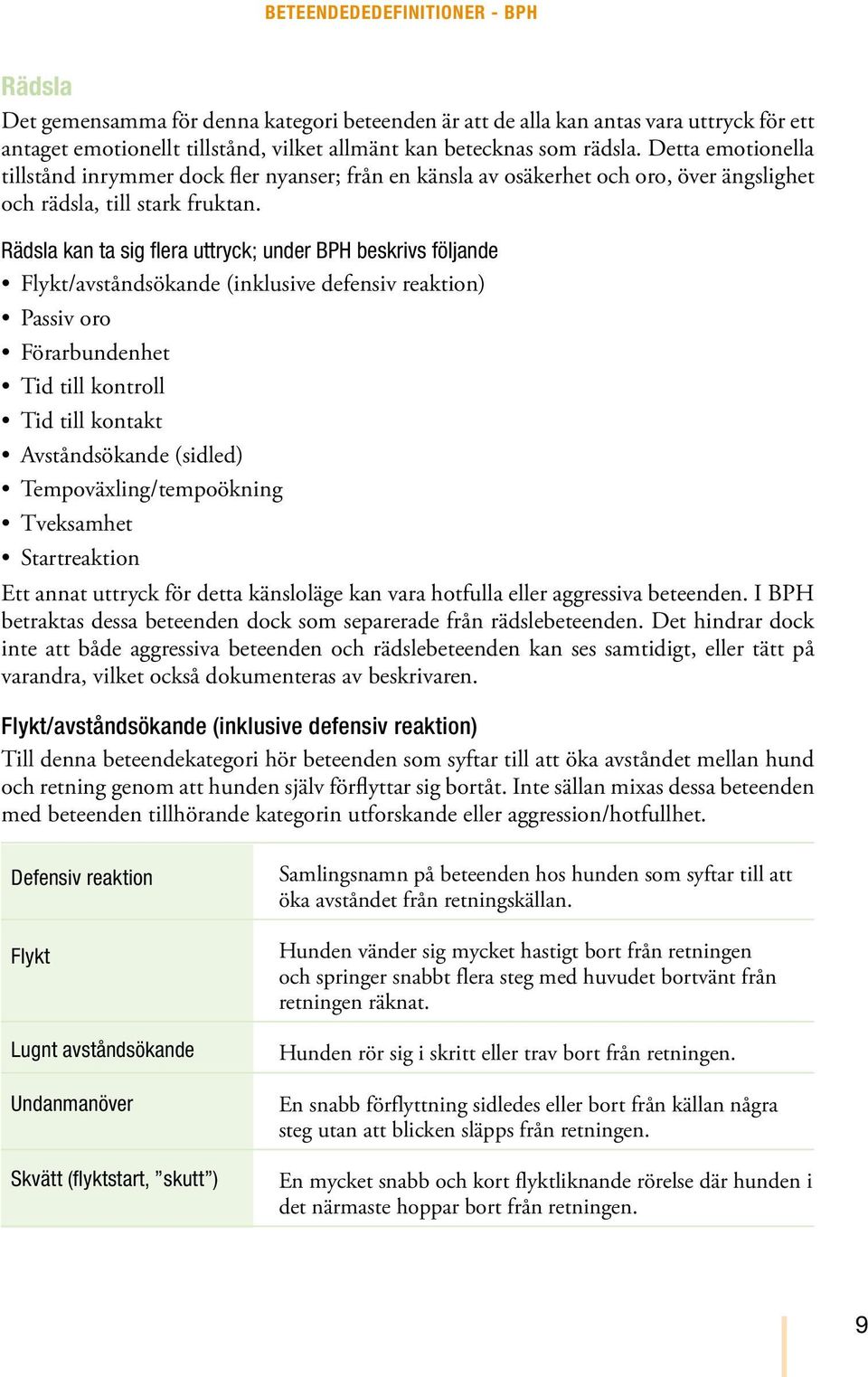 Rädsla kan ta sig flera uttryck; under BPH beskrivs följande Flykt/avståndsökande (inklusive defensiv reaktion) Passiv oro Förarbundenhet Tid till kontroll Tid till kontakt Avståndsökande (sidled)