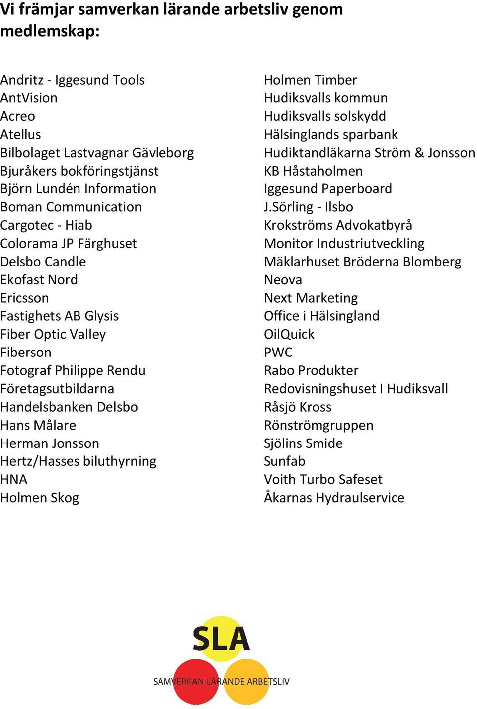 Delsbo Hans Målare Herman Jonsson Hertz/Hasses biluthyrning HNA Holmen Skog Holmen Timber Hudiksvalls kommun Hudiksvalls solskydd Hälsinglands sparbank Hudiktandläkarna Ström & Jonsson KB Håstaholmen