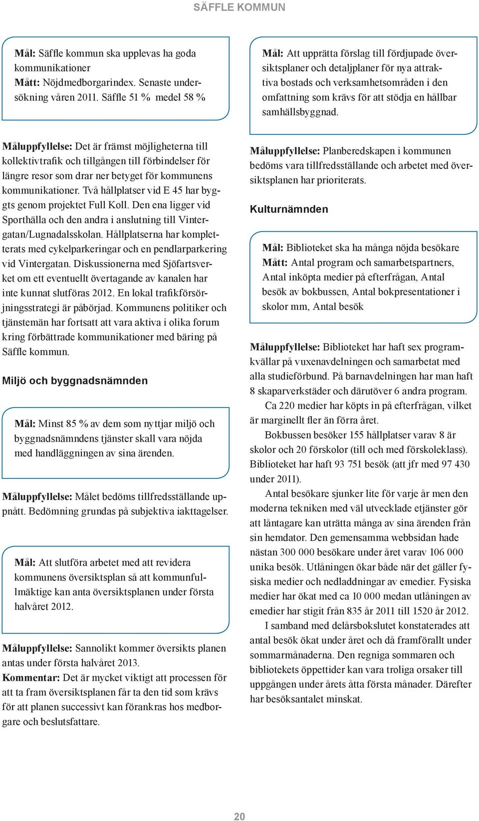 hållbar samhällsbyggnad. Måluppfyllelse: Det är främst möjligheterna till kollektivtrafik och tillgången till förbindelser för längre resor som drar ner betyget för kommunens kommunikationer.