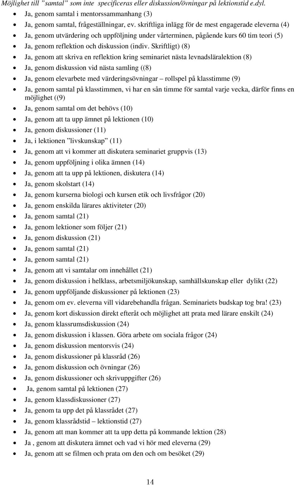 Skriftligt) (8) Ja, genom att skriva en reflektion kring seminariet nästa levnadsläralektion (8) Ja, genom diskussion vid nästa samling ((8) Ja, genom elevarbete med värderingsövningar rollspel på