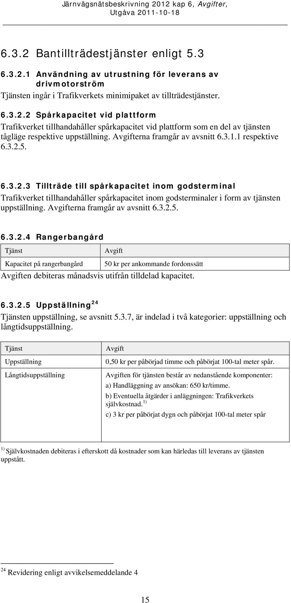 erna framgår av avsnitt 6.3.2.5. 6.3.2.4 Rangerbangård Tjänst Kapacitet på rangerbangård 50 kr per ankommande fordonssätt en debiteras månadsvis utifrån tilldelad kapacitet. 6.3.2.5 Uppställning 24 Tjänsten uppställning, se avsnitt 5.