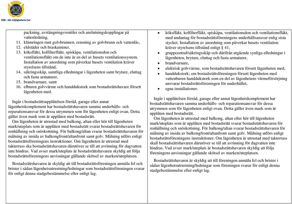 Installation av anordning som påverkar husets ventilation kräver styrelsens tillstånd, 14. säkringsskåp, samtliga elledningar i lägenheten samt brytare, eluttag och fasta armaturer, 15.