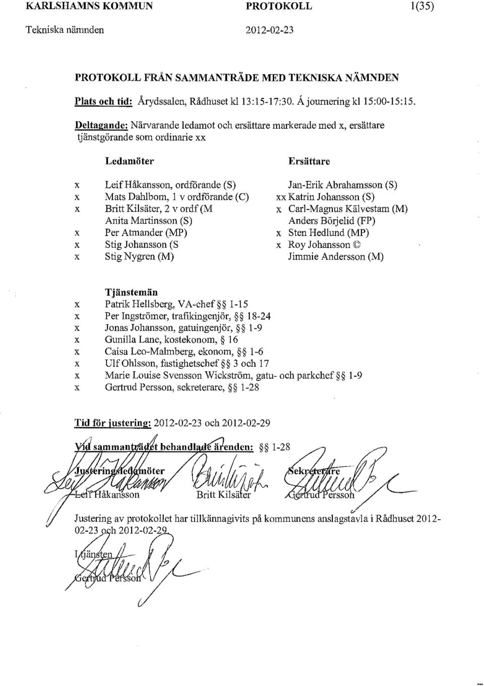 Kilsäter, 2 v ordf (M Anita Martinsson (S) Per Atmaoder (MP) Stig Johaosson (S Stig Nygren (M) Ersättare Jan-Erik Abrahamsson (8) xx Katrin Johansson (S) x Carl-Magnus Kälvestam (M) Anders Börjelid