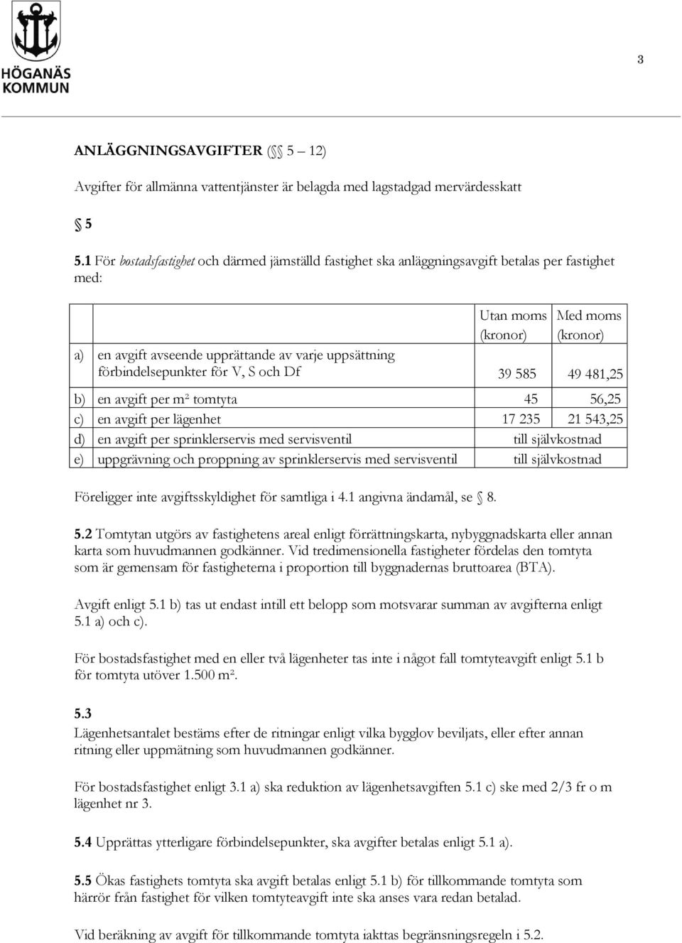 V, S och Df 39 585 49 481,25 b) en avgift per m² tomtyta 45 56,25 c) en avgift per lägenhet 17 235 21 543,25 d) en avgift per sprinklerservis med servisventil till självkostnad e) uppgrävning och